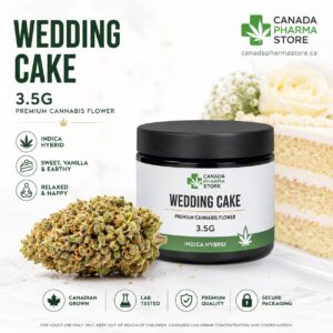 Wedding Cake 3.5g premium hybrid cannabis flower with frosty buds